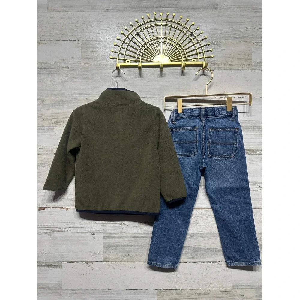 Old Navy Fleece Pullover and Jeans Set Boys 3T Green Blue Casual EUC